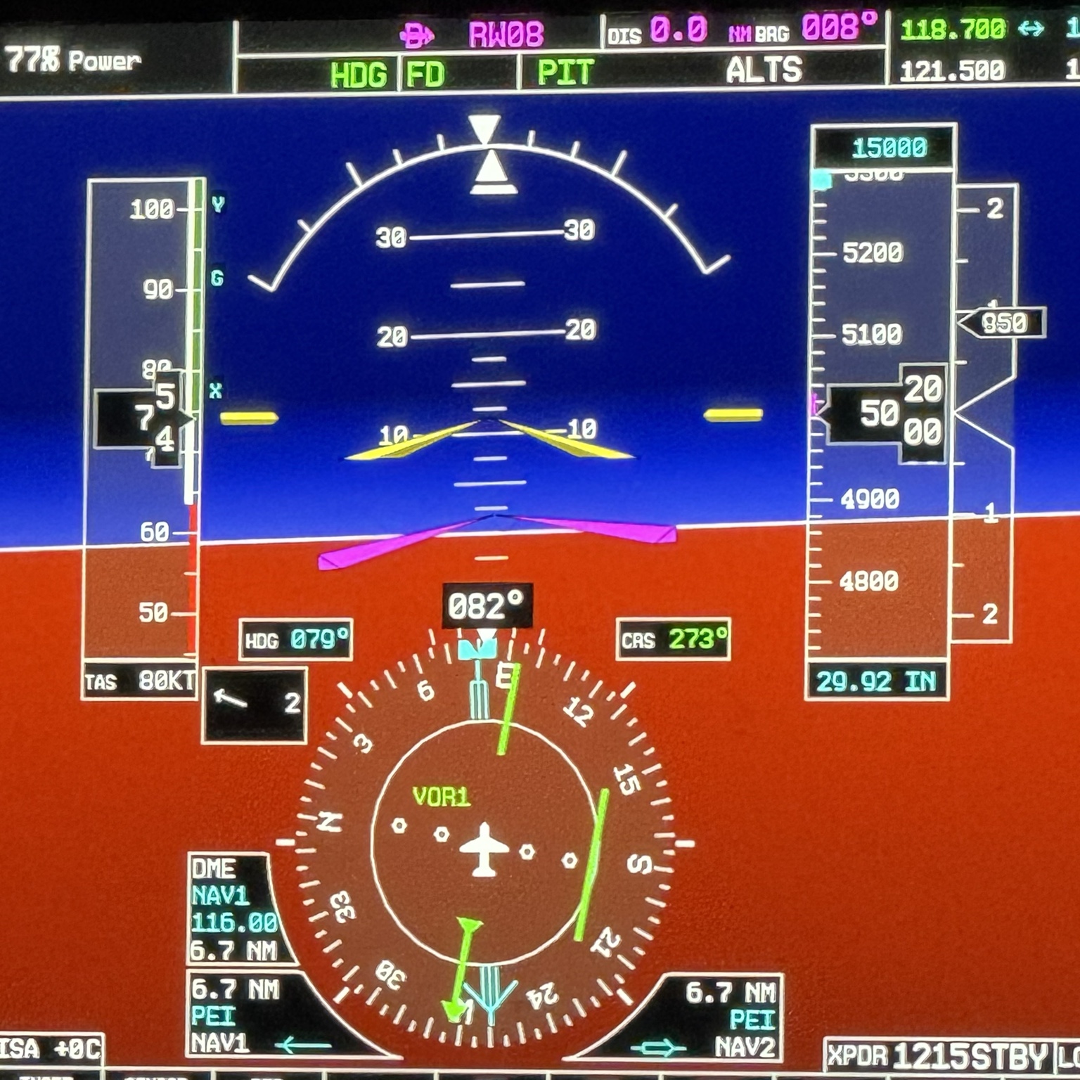 G1000 con fuente VOR1 y CDI verde