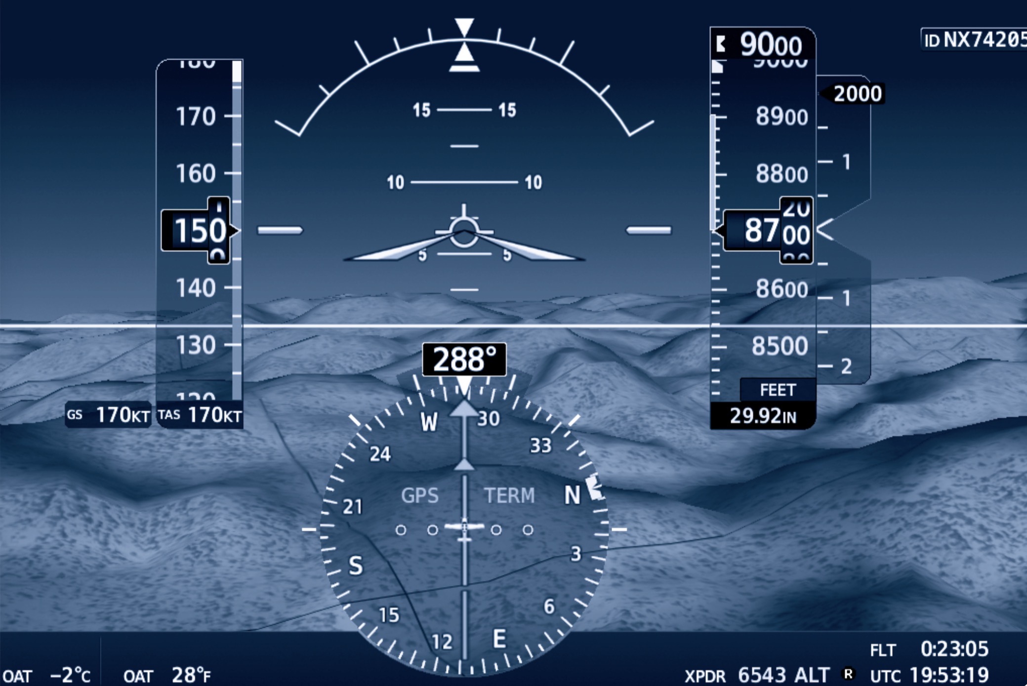 Pantalla G1000 con fuente GPS en magenta